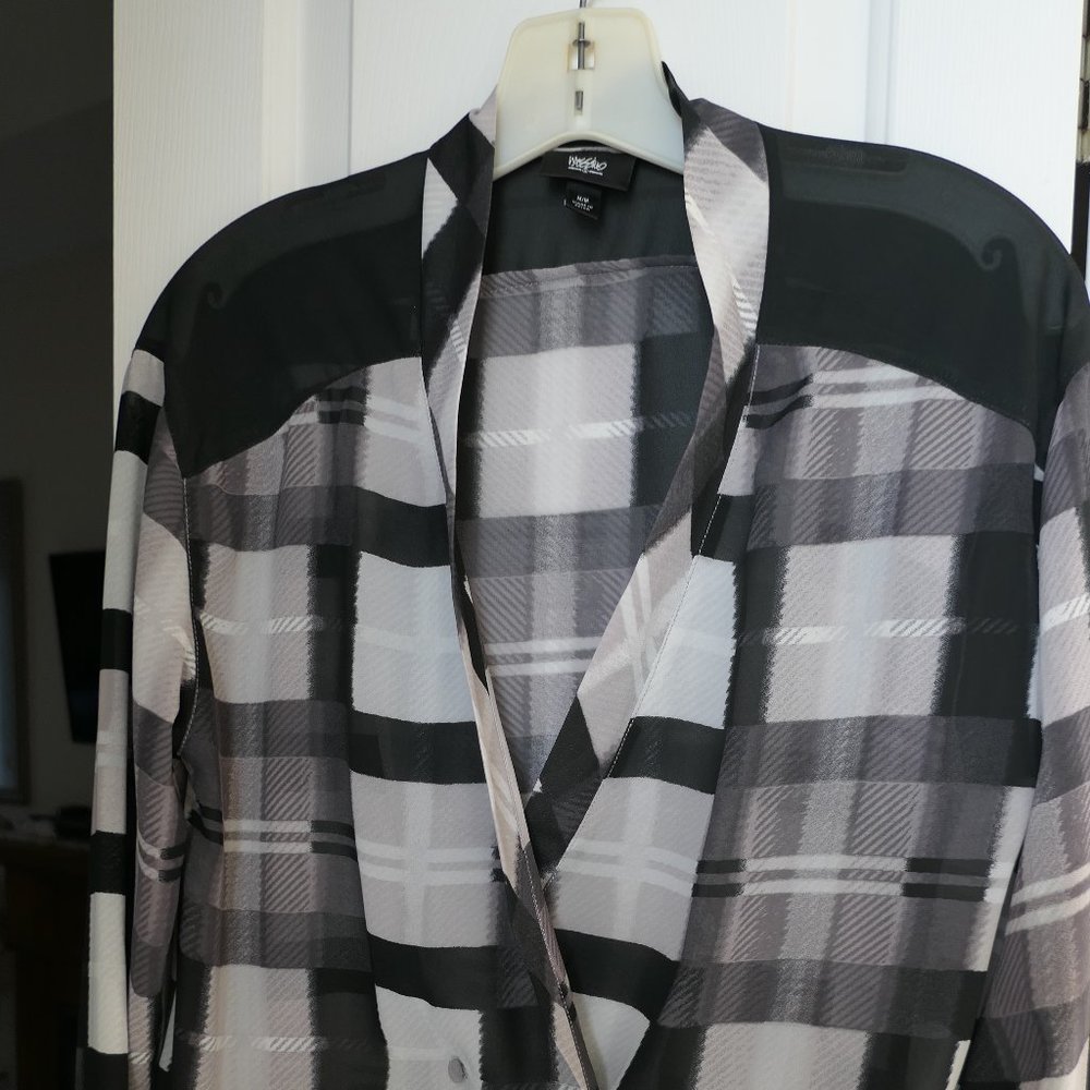 Black White Sheer Plaid Long sleeve Top